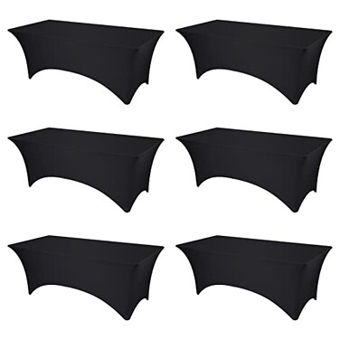 BRILLMAX 6 Pack Black Spandex Table Covers for 8 Ft Rectangle Tables 180 GSM Thick Stretch Tablecloth Fitted Reinforced Foot Pockets Wrinkle Free Cloth for Wedding Banquet Party Trade Show