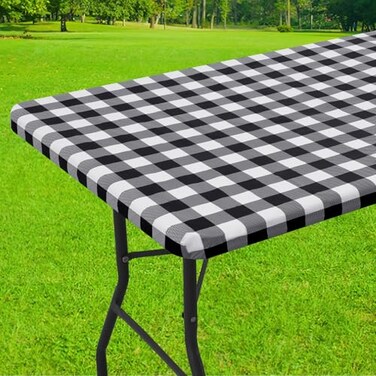 Smiry Rectangle Picnic Table Cloth Elastic Waterproof Fitted Vinyl Tablecloths Flannel Backed Buffalo Plaid Table Covers for Dining Camping Outdoor Black and White 30 x 48
