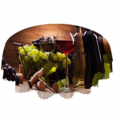 AOYEGO Red White Wine Table Cloth Goblet Glass Grapes Fruit Wooden Board Retro Elegant Round Tablecloth 60 Inch for Dining Room Party Banquet