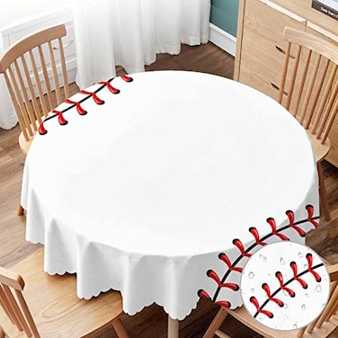 Yibeas Tablecloth Baseball Tablecloths 60 Diameter Round Ball Stitches Red Lace Seam Isolated Art Design Thread Decoration Tablecloths for Dining Kitchen Wedding and Parties