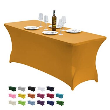 CWK 6FT Waterproof Stretch Spandex Table Cover for Rectangular Tables Elastic Fitted Tablecloth for Folding TablesWrinkle Resistant Table Cloth for Parties Weddings Banquets Events Gold