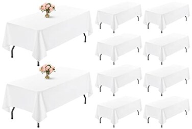 Showgeous White Rectangle Tablecloth 60 x 102 Inch for 6 Foot Table Wrinkle Resistant Washable Polyester Table Cover for Wedding Dining Table Buffet Parties and Camping 10 Pack