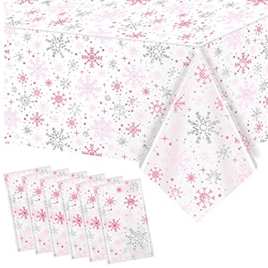 Jecery 6 Pcs Winter Snowflake Tablecloth Party Decorations Winter Snowflake Wonderland Plastic Table Cover Cloth for Festive Gathering Party Supplies Pink
