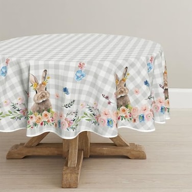 Horaldaily Easter Tablecloth 70x70 Inch Round Spring Flower Buffalo Plaid Bunny Table Cover for Party Picnic Dinner Decor