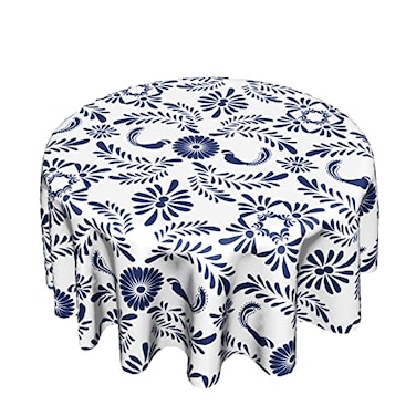 Cafl Round Tablecloth Blue and White Porcelain Floral Mexican Talavera Table Cloths Waterproof for Party Dining Holiday Banquet