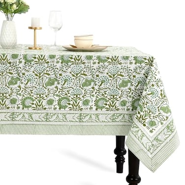 CPC COTTON CPC Block Print Tablecloth Agate Green 90x60 Rectangular 100 Cotton Reusable Table Cover Everyday Decorative Table Cloth Use for Dining Farmhouse Home Gift for Spring Mothers Day