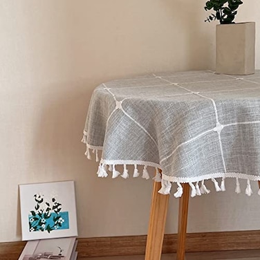 Hpxrom Round Lattice Small Tablecloth Cotton Linen Grey DustProof Washable Boho Embroidery Table Cover Rustic Table Cloth for Coffee Party Kitchen Dining Tabletop Decoration 36 Inch