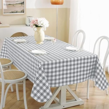 SASTYBALE Buffalo Plaid Vinyl Tablecloth with Flannel Backing Rectangle 60 x 84 Inch Stain Resistant Checkered Table Cloth Plastic Table Cover for Dining Party Indoor Outdoor Grey and White