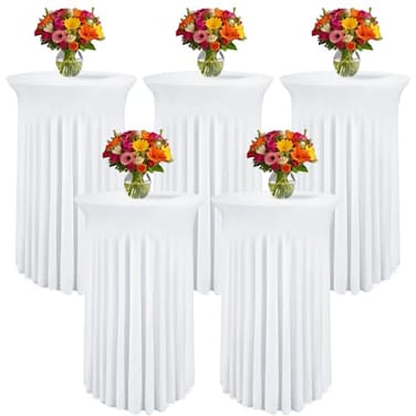 WJWHQ 5 Pack Round Spandex Cocktail Tablecloths with Skirt Stretch Table Covers for High Top Bar Wedding Party Banquet White 32 x 43 Inch