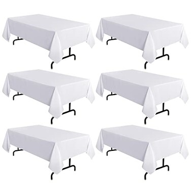 sancua 6 Pack White Tablecloth 60 x 120 Inch Rectangle Table Cloth for 8 Feet Tables Stain and Wrinkle Resistant Washable Polyester Table Cover for Dining Tables Buffet Parties and Camping
