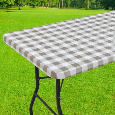 Smiry Rectangle Picnic Table Cloth Elastic Waterproof Fitted Vinyl Tablecloths Flannel Backed Buffalo Plaid Table Covers for Dining Camping Outdoor White and Khaki 30 x 72