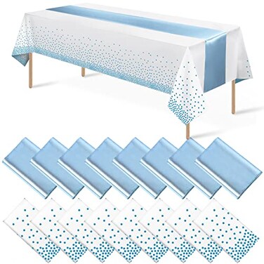 MASHAN 16Pack Disposable Plastic Tablecloths and Satin Table Runner Set White and Light Blue Dot Tablecloth Blue Satin Table Runner for Wedding Birthday Baby Shower Anniversary Engagement Xmas Party S