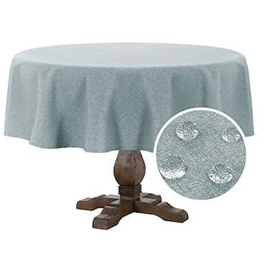 FantasDecor Linen Textured Table Cloths Round Tablecloth Waterproof SpillProof Wrinkle Free Cover for Dining Room and Outdoor Use Heather Aqua Gray 60 x 60 Inch