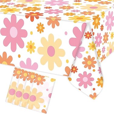 Augisteen Groovy Daisy Tablecloth Plastic Boho Flowers Table Covers Retro Hippies Flower Disposable Rectangle Tablecloths for 70s Boho Birthday Baby Shower Wedding Party 54 x 108 Inch 4 PCS