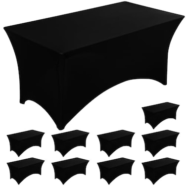 Fixwal 10 Pack 8Ft Black Table Cover Spandex Fitted Tablecloths Rectangle WrinkleFree and Stretch Folding Table Cloth for Banquet Wedding Party Trade Show
