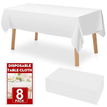RowinsyDD 8 Pack White Plastic Table Cloths Disposable 54 x 108 Inches Plastic Table Cover for Rectangle Tables Disposable Tablecloth for Dinning Parties BBQ Wedding Outdoor