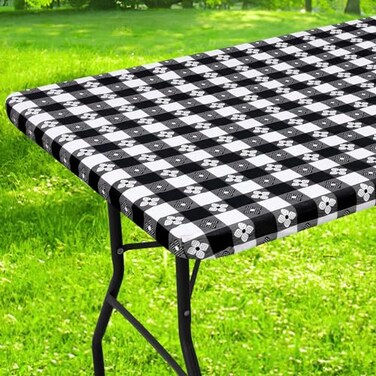 Spotjoy Rectangle Vinyl Table Cloth Waterproof Elastic Fitted Tablecloth with Flannel Backing Plastic Table Cover for Picnic Camping Outdoor Black White 30x72
