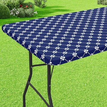 misaya Rectangle Vinyl Table Cloth Elastic Fitted Tablecloth with Flannel Backing Waterproof Plastic Table Cover Fits 6 Foot Folding Tables for Picnic Camping Indoor and Outdoor Navy 30 x 72