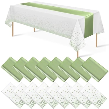 MASHAN 16Pack Plastic Tablecloths and Satin Table Runner Set Disposable White and Sage Green Dot Table Cloth Green Satin Table Runner for Wedding Birthday Baby Shower Anniversary Holiday Party Decorat