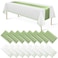 MASHAN 16Pack Plastic Tablecloths and Satin Table Runner Set Disposable White and Sage Green Dot Table Cloth Green Satin Table Runner for Wedding Birthday Baby Shower Anniversary Holiday Party Decorat