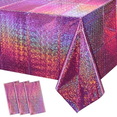 FunnyPars 3 Pack Pink Iridescent Table Cloth for Parties Pink Plastic Shiny Laser Table Covers Disposable Holographic Foil Tablecloth Iridescent Party Decorations for Girl Birthday Wedding 54x108
