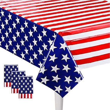 RCFFDL 3 Pack American Flag Tablecloth 54 x 108 Disposable Plastic Table Covers for Columbus Day 4th of July Decoration