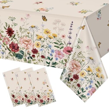YIDAKO 3 Pcs Spring Floral Tablecloth Butterfly Wildflower Plastic Disposable Tablecloth Rectangle Table Covers for Easter Birthday Wedding Mothers Day Tea Party Supplies and Decorations54 x 108 Inch