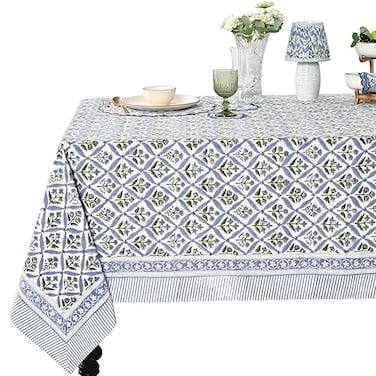 Ridhi Light Steel Blue Hand Block Print Cotton Rectangle Tablecloth 108 x 70 inches Reusable Table Cover Decorative Everyday Use for Dining Room Farmhouse Home Gift for Spring Mothers Day