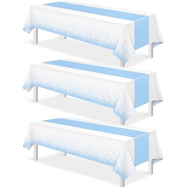 MASHAN 3Pcs White and Light Blue Tablecloth Party DecorationsPlastic White Table Cloth Printed Baby Blue Table Runner Disposable Rectangle Cover for Birthday Baby Shower Wedding Party54 x108 Inch