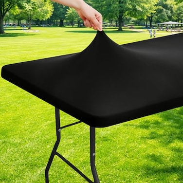 Moosfor Spandex 6 Foot Rectangle Table Cloth Elastic Fitted Tablecloths for Picnic Stretch Washable Patio Table Cover for Outdoor Camping Banquet and Parties Black 30x72
