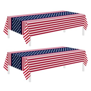 Childom 2 Pack Patriotic TableclothsPatriotic Decorations 54 x 108 Disposable American Flag Tablecloths for EventParty Table Cloth Plastic for Veterans Day4th of JulyPicnicDinnerParty Supplies