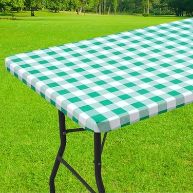 Smiry Rectangle Picnic Table Cloth Elastic Waterproof Fitted Vinyl Tablecloths Flannel Backed Buffalo Plaid Table Covers for Dining Camping Outdoor White and Green 30 x 72