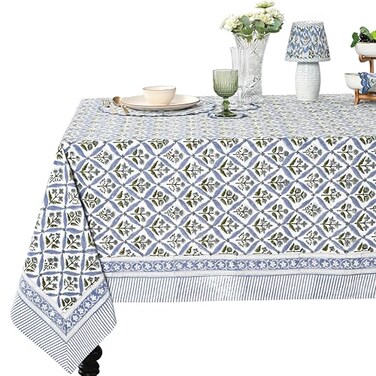 Ridhi Light Steel Blue Hand Block Print Cotton Rectangle Tablecloth 90 x 60 inchReusable Table Cover Decorative Everyday Use for Dining Room Farmhouse Thanksgiving Christmas Wedding Fall