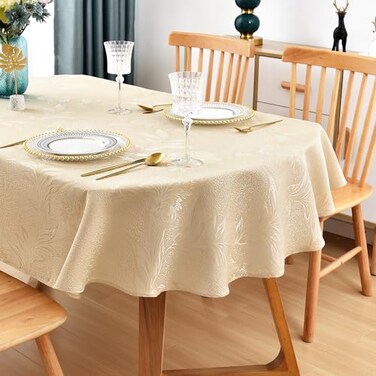 Wolkemer Shiny Large Oval Jacquard Tablecloth 60 x 120 Inch Beige Floral Countryside Leaves Damask Patterns Table Cloth Glossy Fabric Table Cover for Dinner Kitchen