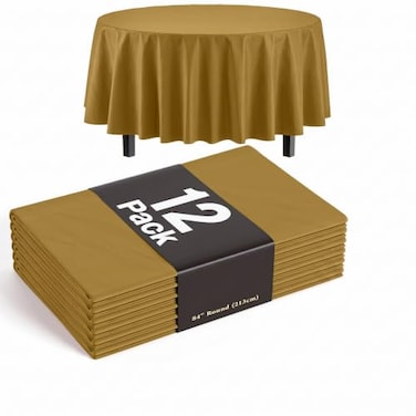 Exquisite 12Pack Premium Plastic Tablecloth 84in Round Table Cover Gold