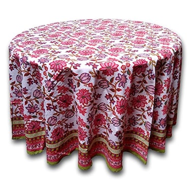 India Arts Floral Tablecloth for Round Tables Pink Red Green White Cotton Floral Kitchen Table Linen Round 90 inches