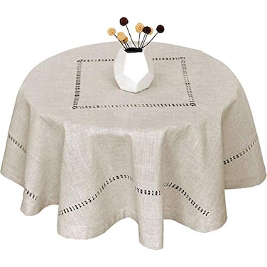 Grelucgo Handmade Double Hemstitch Natural Tablecloth for 4 Seats Round 54 Inch