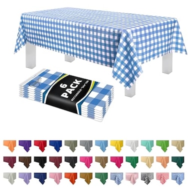 Grandipity Blue Gingham Checkered Plastic Table Cloth Disposable 6 Pk 54in x 108in Plastic Tablecloths for Rectangle Tables Premium Party Table Cloths Disposable for 6ft to 8ft Rectangle Tables