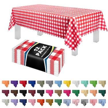 Grandipity 12 Pack Premium Disposable Plastic Picnic Tablecloth 54 Inch x 108 Inch Decorative Rectangle Table Cover Red Checkered Gingham