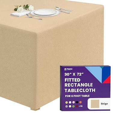 Gee Di Moda Fitted Tablecloth 72 x 30 Inch Beige FloorLength Fitted Table Cloth for 6 Foot Rectangle Table Heavy Duty Washable Fabric for Parties Dinner Weddings Baby Shower Trade Show