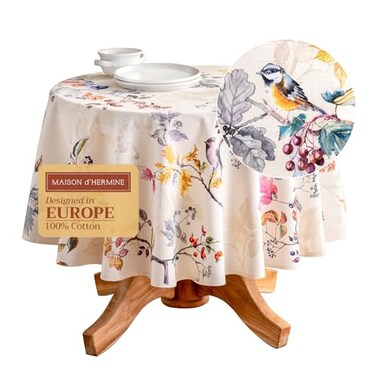 Maison d' Maison d Hermine Table Cloth Round Table 100 Cotton 63 Inches Fall Tablecloth Reusable Everyday Use for Thanksgiving Christmas Decorations Dining Farmhouse Party Equinoxe Beige