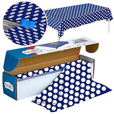 Clearly Elegant Polka Dot Plastic Tablecloth Roll Durable Plastic Table Cover Roll IndoorOutdoor 52 Inch X 100 Feet Water Resistant Tablecover Disposable Table Cloth with Easy to Use Safe Cutter Blue
