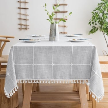 Oubonun Tablecloths for Rectangle Tables Cotton Linen Waterproof Farmhouse Table Cloth with Boho Tassels Wrinkle Free Wipeable Washable for Kitchen Dining 55x70 46 Seats Grey