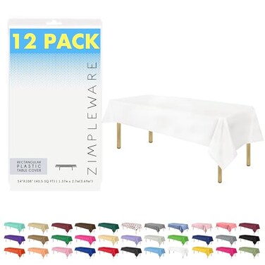 ZIMPLEWARE Premium White Plastic Table Cloth Disposable 12 Pk Plastic Tablecloths for Rectangle Tables 54in x 108in Party Table Cloths Disposable for 6ft to 8ft Rectangle Tables