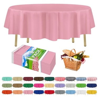 ZIMPLEWARE Premium Pink Plastic Table Cloth Disposable 12 Pack Round Tablecloth 84in Party Table Cloths Disposable Perfect Table Cloth Round Cover for Any Table Up to 6 Feet