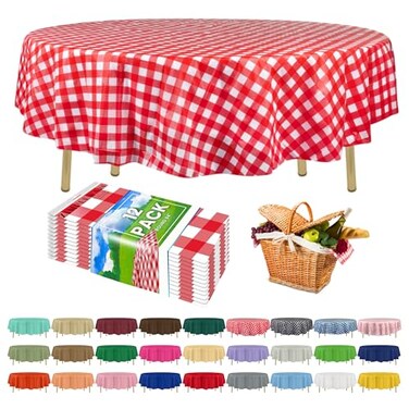 ZIMPLEWARE Premium Red Gingham Checkered Plastic Table Cloth Disposable 12 Pack Round Tablecloth 84in Party Table Cloths Disposable Perfect Table Cloth Round Cover for Any Table Up to 6 Feet