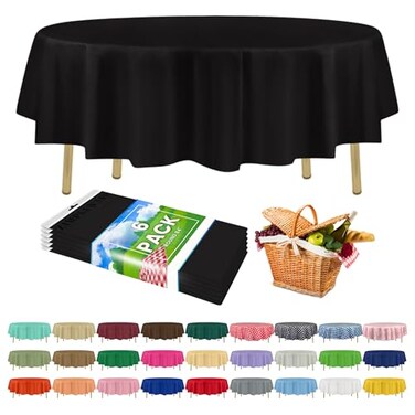 ZIMPLEWARE Premium Black Plastic Table Cloth Disposable 6 Pack Round Tablecloth 84in Party Table Cloths Disposable Perfect Table Cloth Round Cover for Any Table Up to 6 Feet