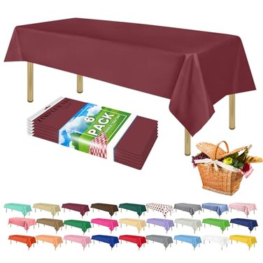 ZIMPLEWARE Premium Burgundy Plastic Table Cloth Disposable 6 Pk Plastic Tablecloths for Rectangle Tables 54in x 108in Party Table Cloths Disposable for 6ft to 8ft Rectangle Tables