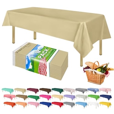 ZIMPLEWARE Premium Beige Plastic Table Cloth Disposable 12 Pk Plastic Tablecloths for Rectangle Tables 54in x 108in Party Table Cloths Disposable for 6ft to 8ft Rectangle Tables