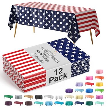 Exquisite 4th of July Tablecloths 12 Pack 54 x 108 Inch Disposable Patriotic Tablecloths Red White and Blue Rectangle Plastic Waterproof Table Covers for Fourth of July Indoor Outdoor Party Decoration